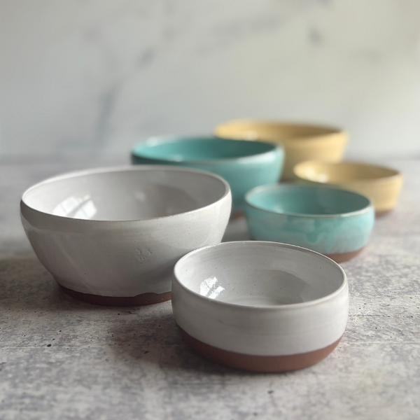 Handmade Stoneware Prep Bowl | Small White, Turquoise, Yellow, Green