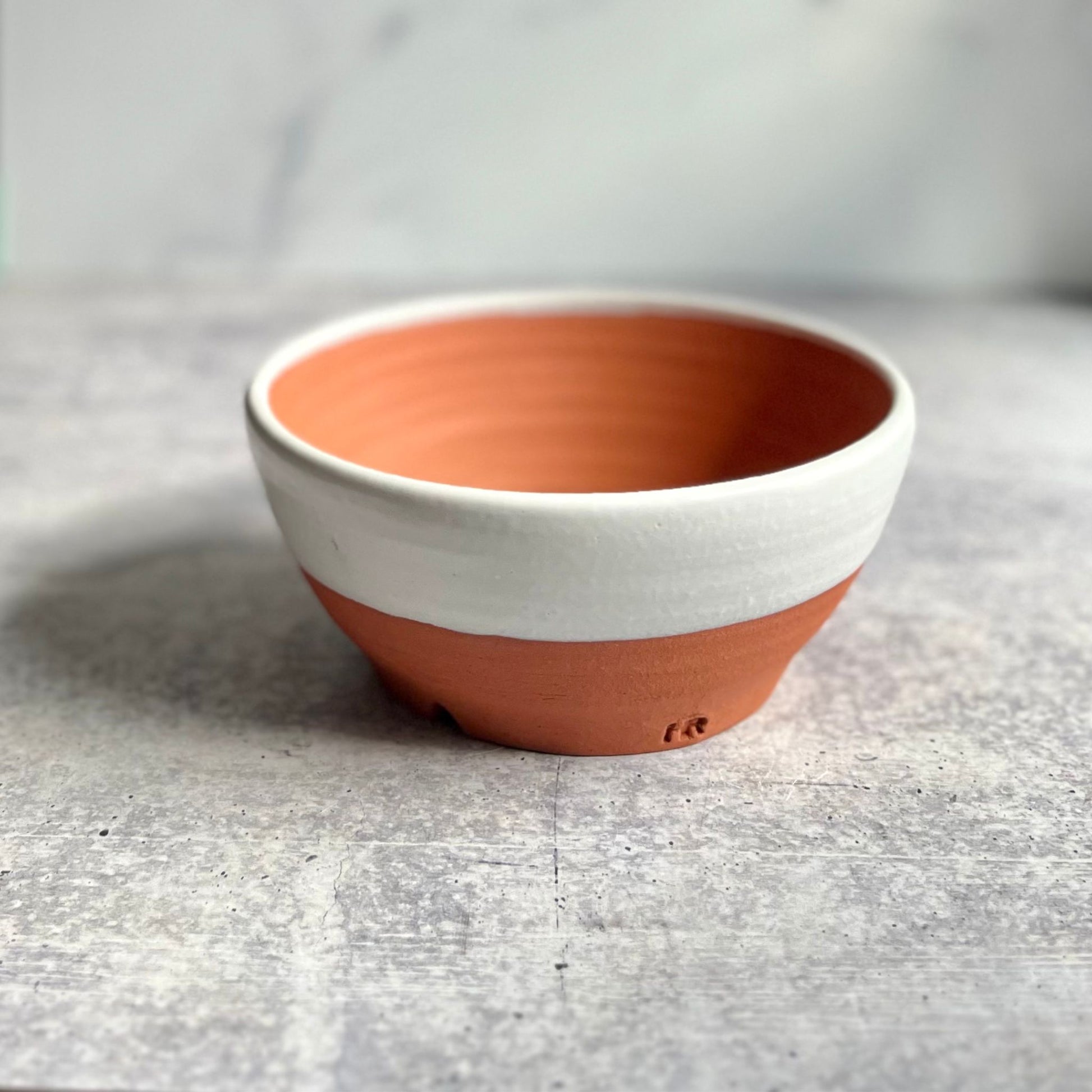 Medium earthenware ceramic planter glazed white on rim, on a gray surface.