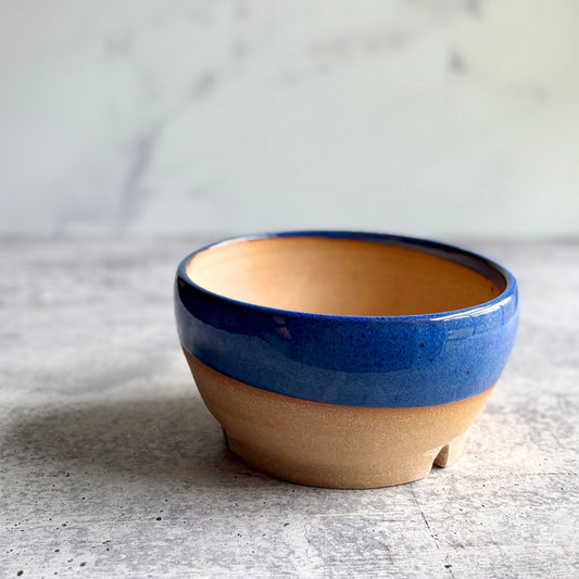 Handmade blue stoneware planter, wheel-thrown in Alabama, 6 inch round ceramic pot with drainage hole and unglazed clay base