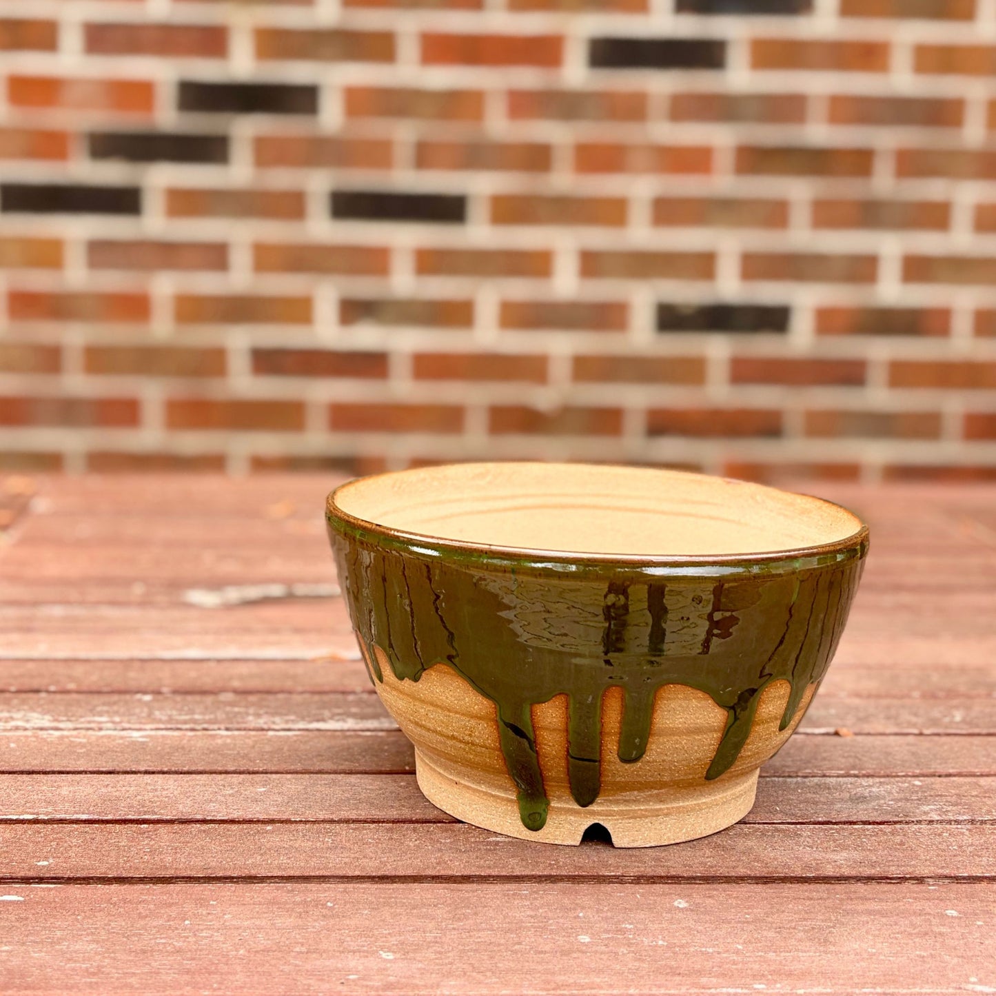 Handmade drip glaze stoneware planter, wheel-thrown in Alabama, 8 inch round ceramic pot