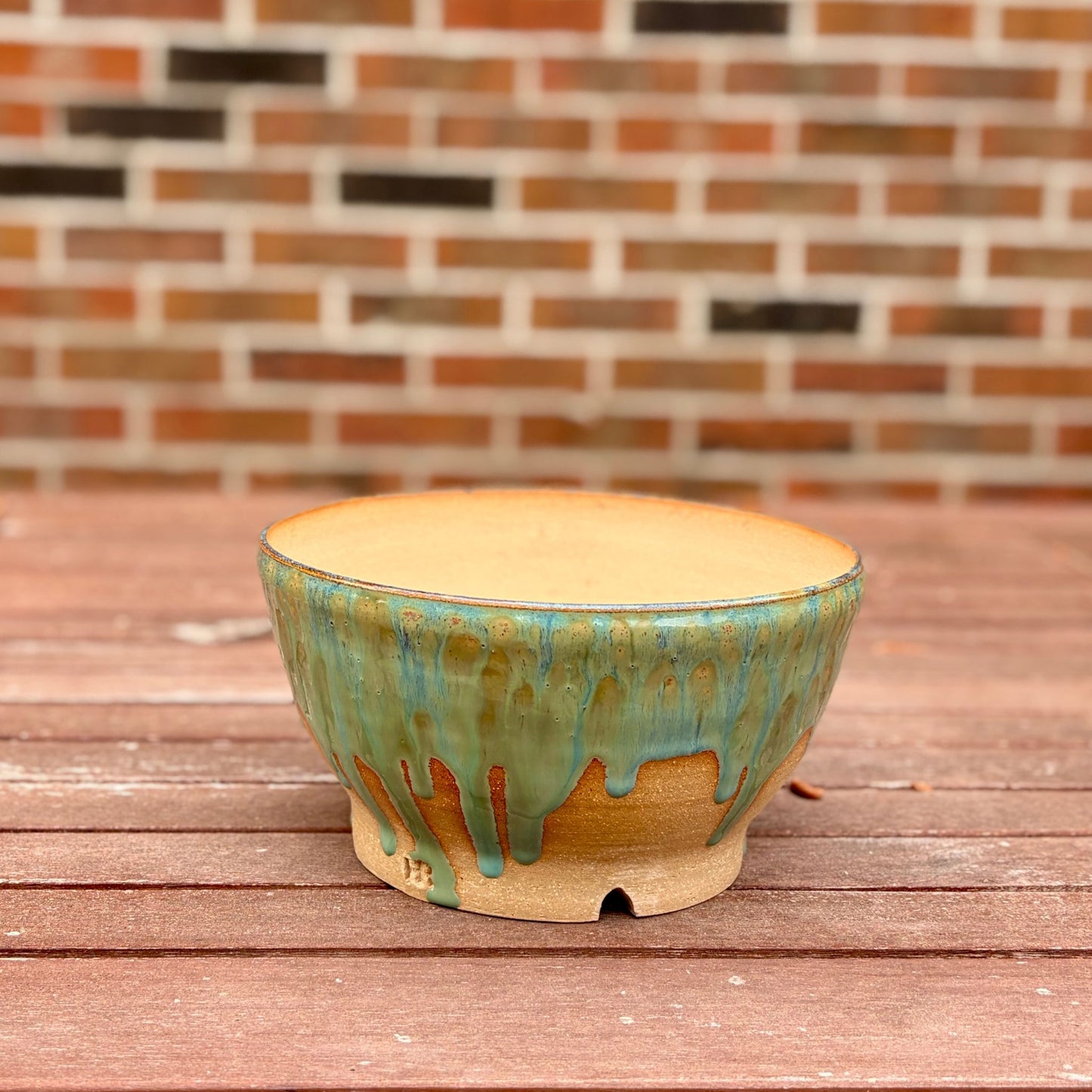 Handmade green drip glaze stoneware planter, wheel-thrown in Alabama, 8 inch round ceramic pot