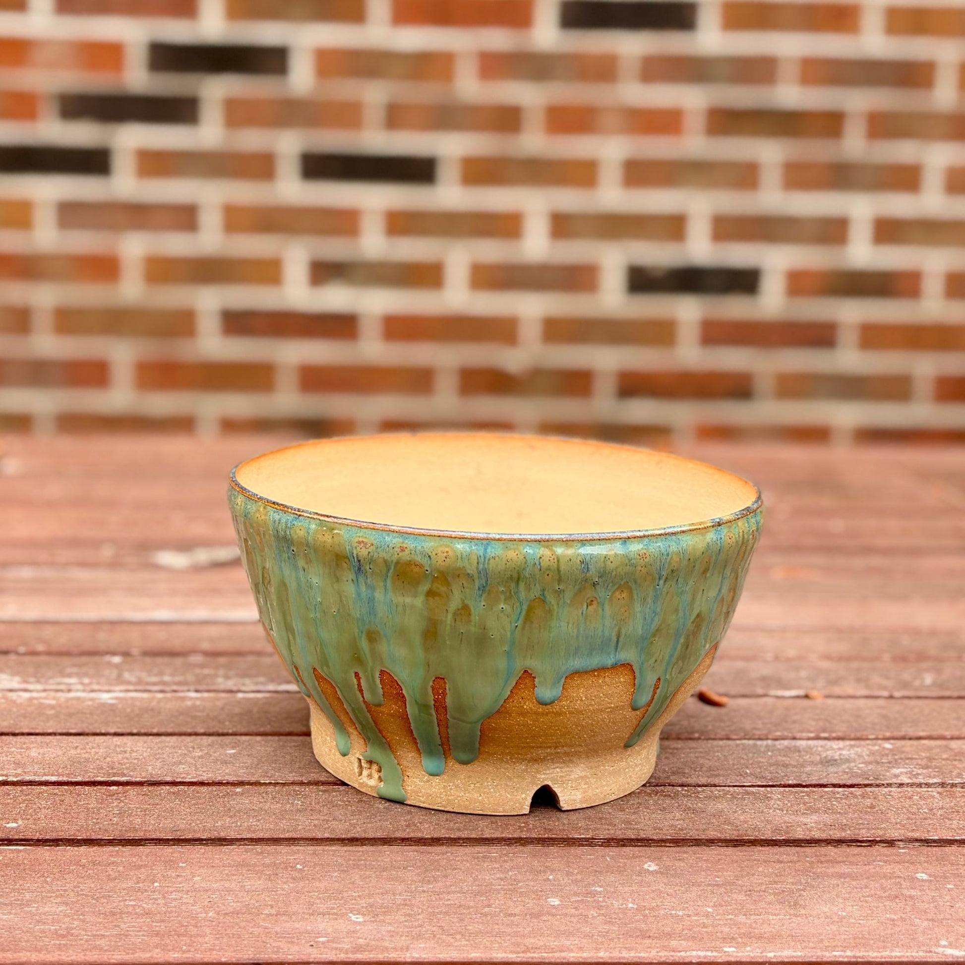 Handmade green drip glaze stoneware planter, wheel-thrown in Alabama, 8 inch round ceramic pot