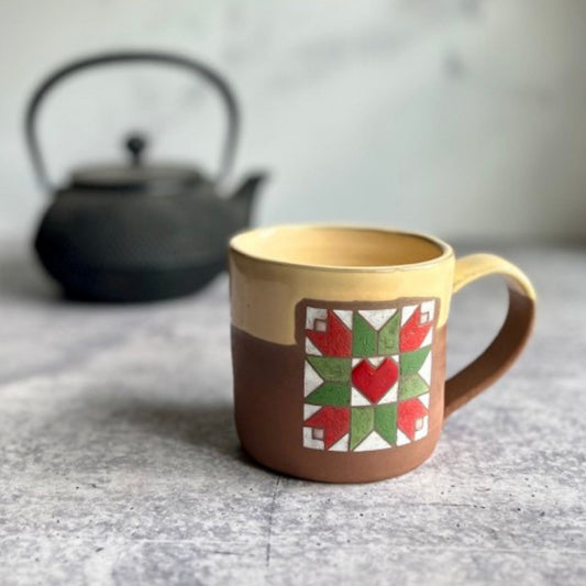 Handmade tulips and heart barn quilt pottery mug - farmhouse coffee cup with rustic design