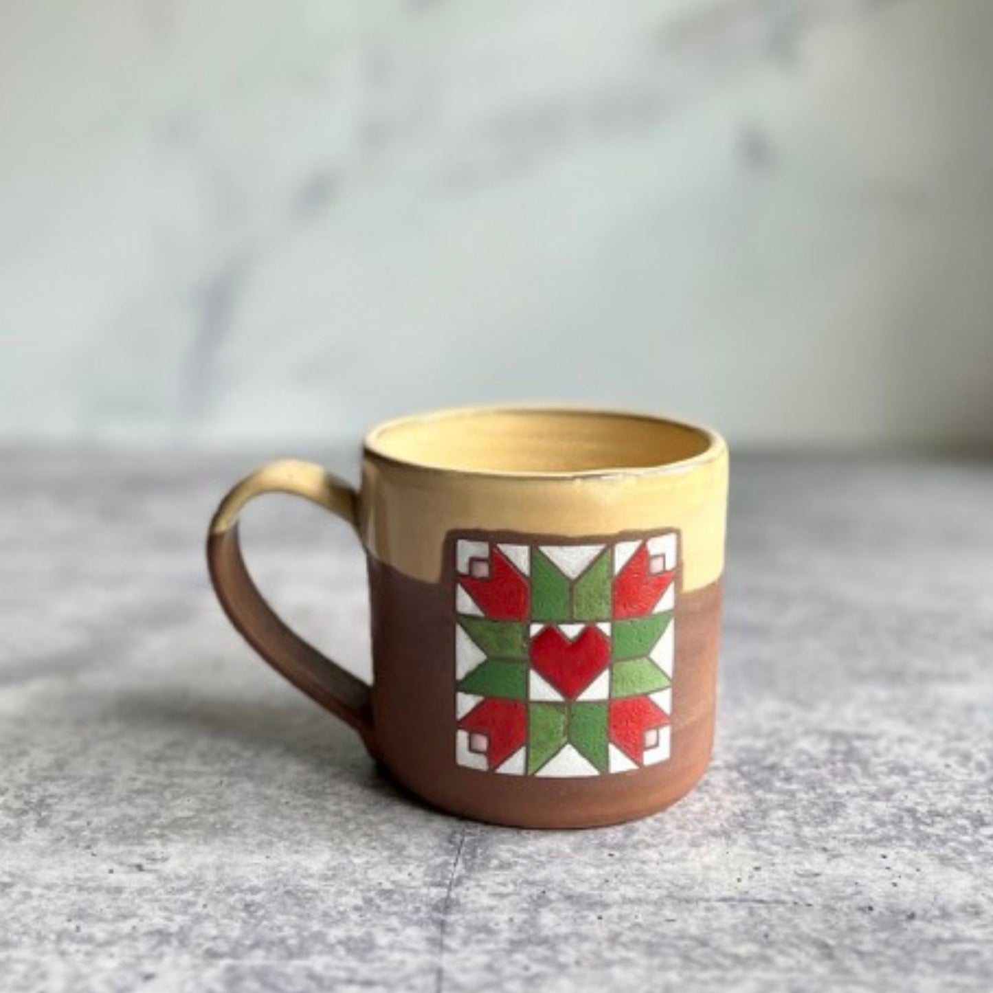 Tulips and heart barn quilt ceramic mug detail - artisan crafted pottery coffee cup
