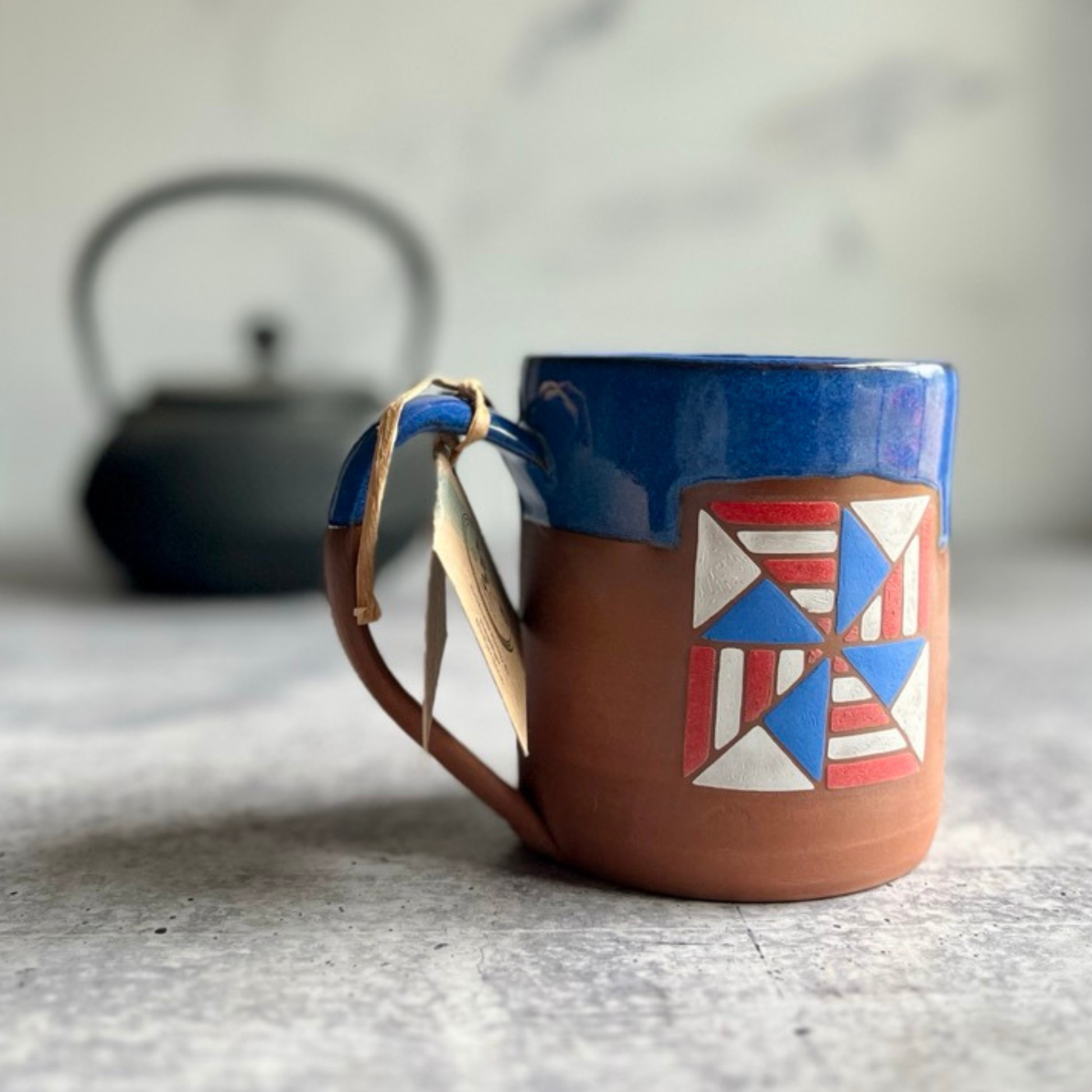Americana color block Patriotic Pinwheel barn quilt mug, red white blue, hand-painted stoneware
