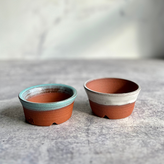 Two small earthenware ceramic succulent planters with different color patterns on a gray surface.