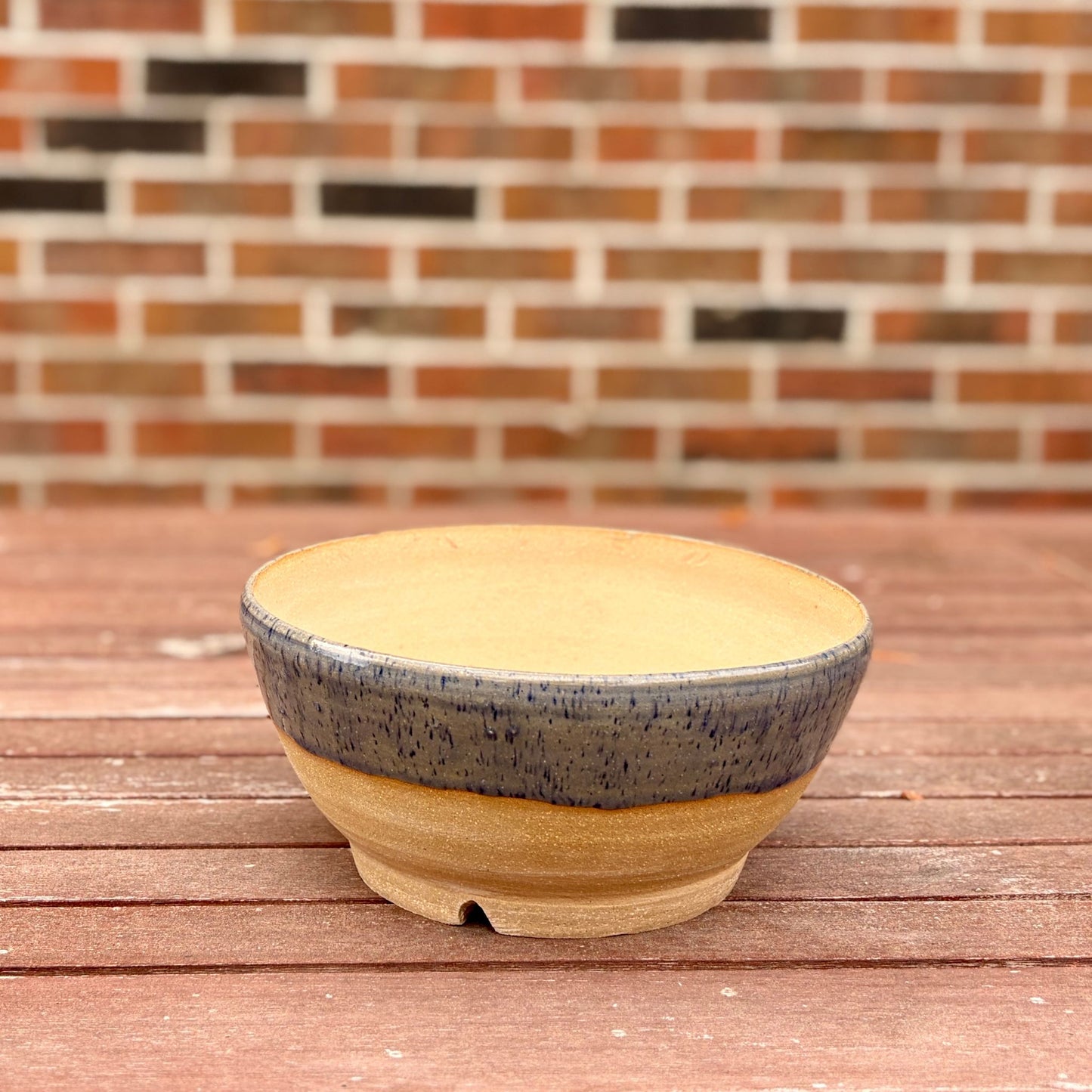 Handmade speckled blue stoneware planter, wheel-thrown in Alabama, 8 inch round ceramic pot with drainage