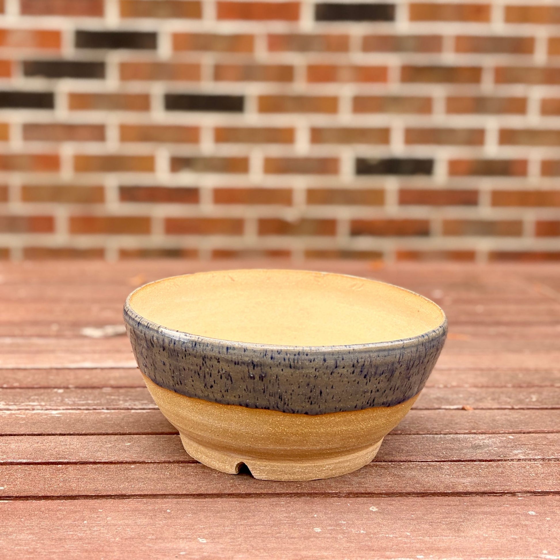 Handmade speckled blue stoneware planter, wheel-thrown in Alabama, 8 inch round ceramic pot with drainage