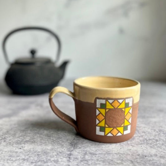 Handmade sunflower barn quilt pottery mug - farmhouse coffee cup with rustic design