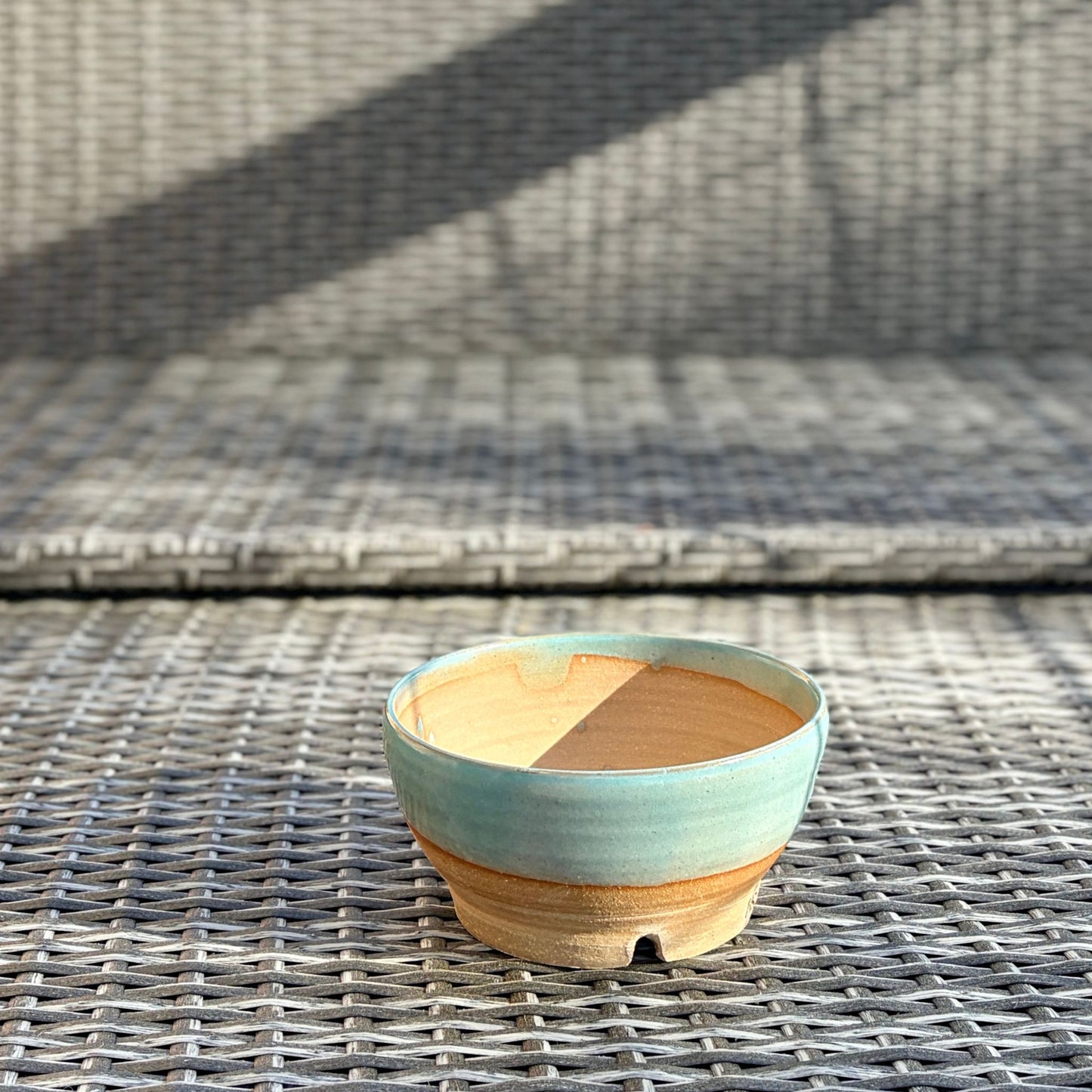 Handmade turquoise stoneware planter, wheel-thrown in Alabama, 6 inch round ceramic pot with drainage hole and unglazed clay base