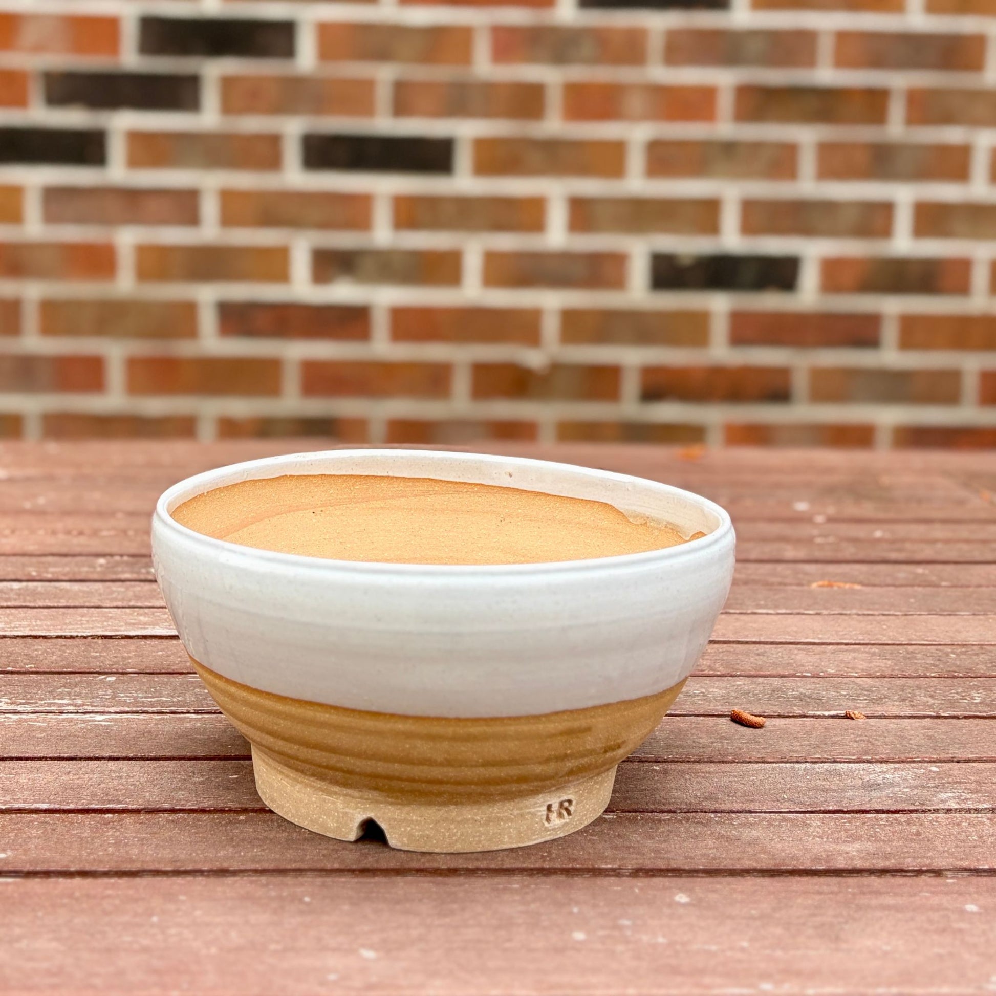 Handmade white stoneware planter, wheel-thrown in Alabama, 8 inch round with unglazed clay base