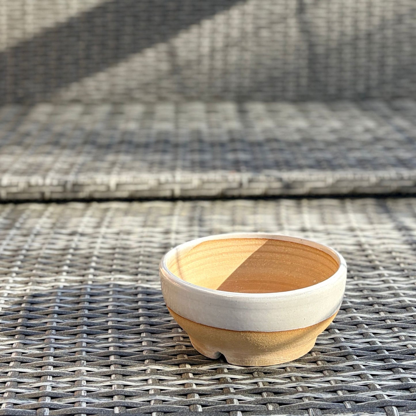 Handmade white stoneware planter, wheel-thrown in Alabama, 6 inch round ceramic pot with drainage hole and unglazed clay base