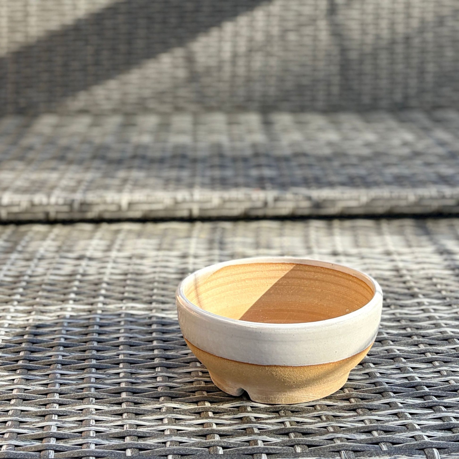 Handmade white stoneware planter, wheel-thrown in Alabama, 6 inch round ceramic pot with drainage hole and unglazed clay base