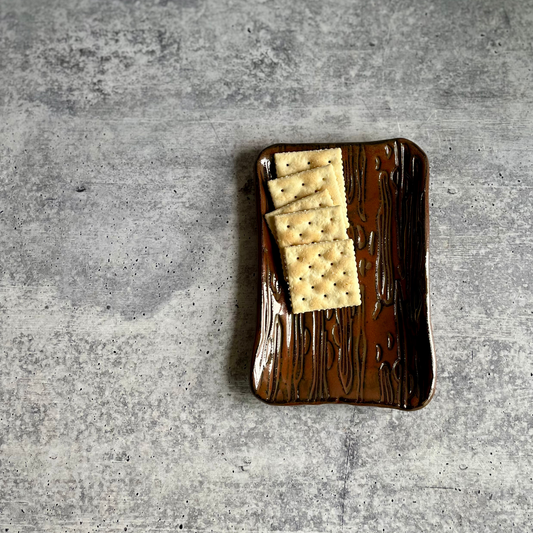 Wood textured ceramic cracker plate with crackers - artisan pottery serving platter